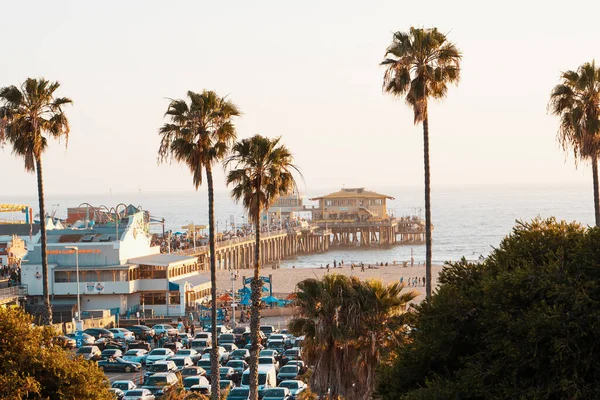 Panoramautsikt Över Santa Monica Och Stranden Vid Solnedgången Nattfoto Ovanifrån — Stockfoto