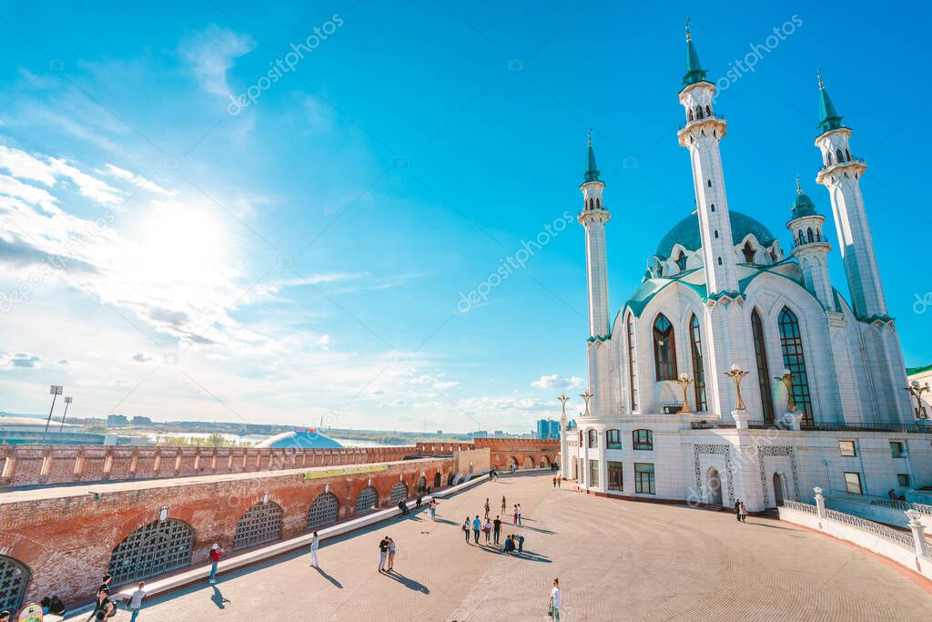 Panoramic postcard view of the Kul Sharif Mosque against the blue sky. Kazan, Russia - 8 May 2021