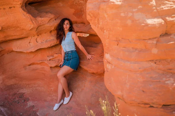 Happy brunette woman in the Valley of Fire in Nevada overlooking a desert landscape