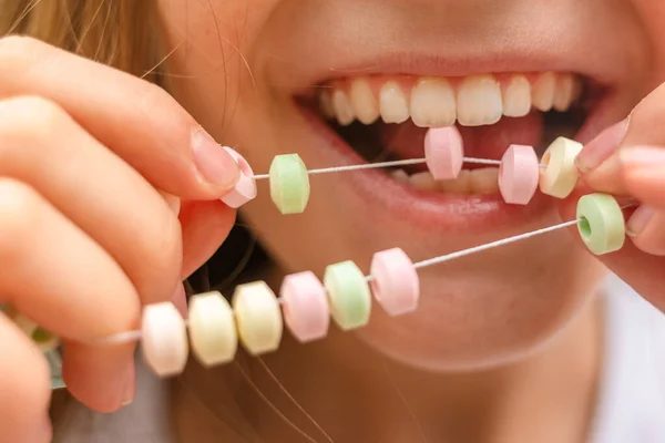 Happy Little Girl Eating Edible Candy Bracelets Close — Stock Photo, Image