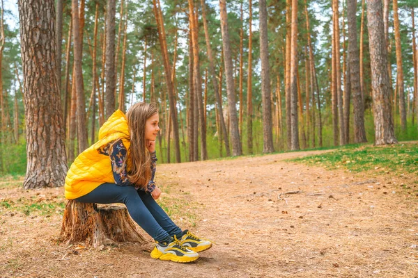 一个小女孩坐在森林里的树桩上 — 图库照片