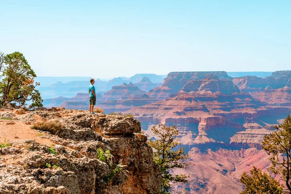 A young man on the edge of a cliff looks at a beautiful panoramic  landscape in the Grand Canyon. Grand view of the cliffs