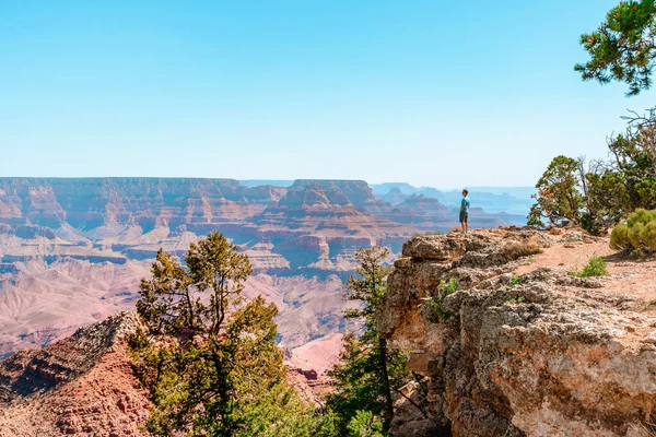 A young man on the edge of a cliff looks at a beautiful panoramic  landscape in the Grand Canyon. Grand view of the cliffs