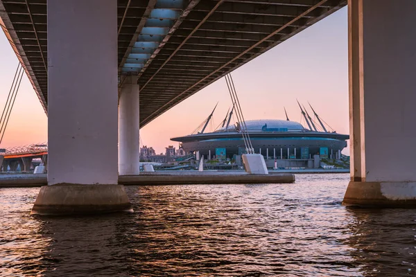 Evening Landscape Cable Stayed Bridge Neva River View Zenit Arena — Stock Photo, Image