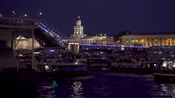 Video Night Illumination Neva River Tourist Ships Saint Petersburg Russia — Video Stock