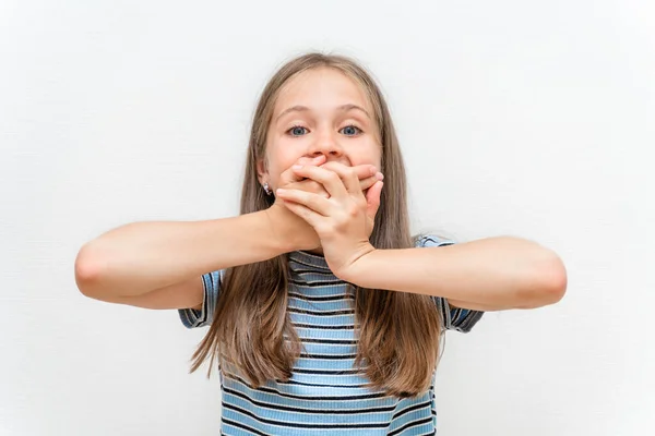 Portrait Little Girl Scared Amazed Her Mouth Open — Foto Stock