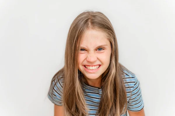 Portrait Little Girl Grins Makes Faces — Foto Stock