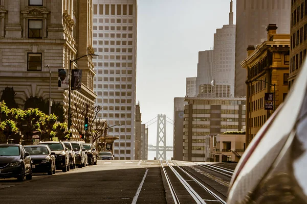 Amazing View Sloping Street San Francisco Photographed Middle Tram Tracks — Zdjęcie stockowe