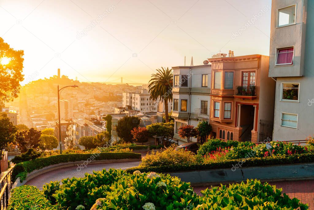 View of the beautiful Lombard Street during sunset in San Francisco