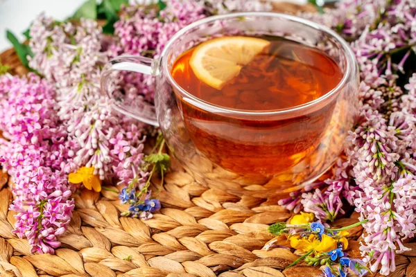 Mug Tea Lemon Lilac Cozy Romantic Floral Background Copy Space Royalty Free Stock Images
