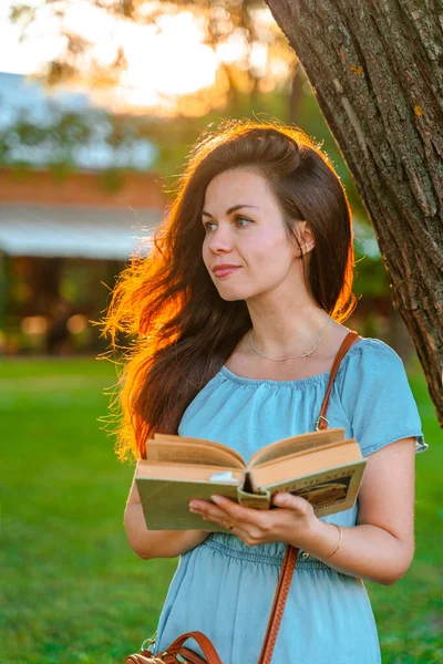 Beautiful Young Woman Dress Sitting Tree Reading Book Green Summer — Foto Stock