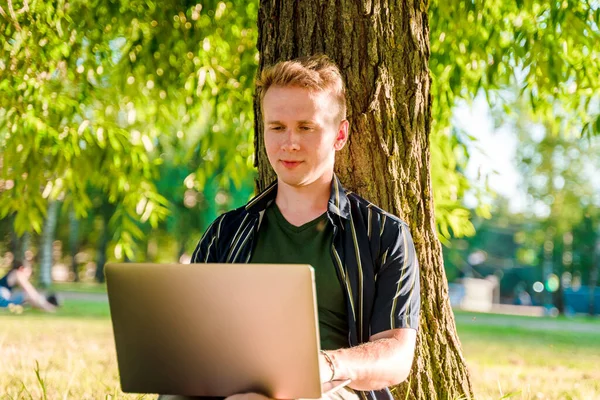 緑の夏の公園でノートパソコンを操作している若い男が日没時に — ストック写真