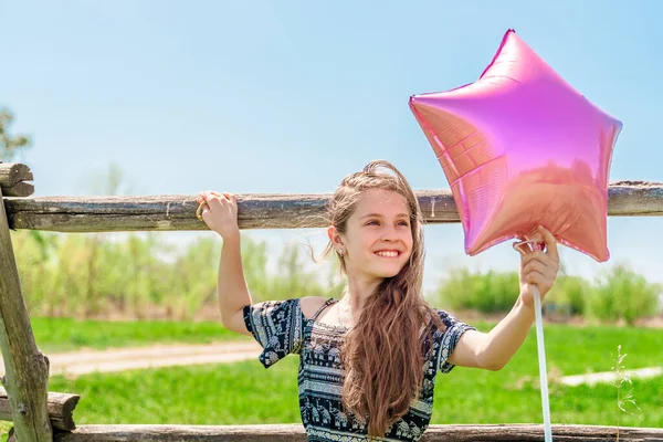 Beautiful Little Girl Sitting Wooden Fence Beam Rural Area Pink — Φωτογραφία Αρχείου