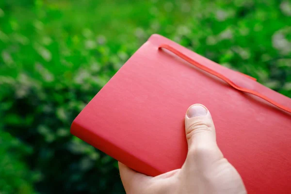 Homem Tem Caderno Num Parque Veraneio Verde — Fotografia de Stock