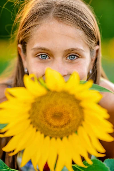 Прекрасная Счастливая Маленькая Девочка Поле Подсолнухов Летнее Уютное Настроение — стоковое фото