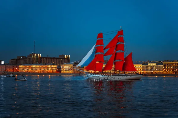 The Scarlet Sails Alumni Festival. The ship goes along the Neva River. Saint Petersburg, Russia - 24 June 2021