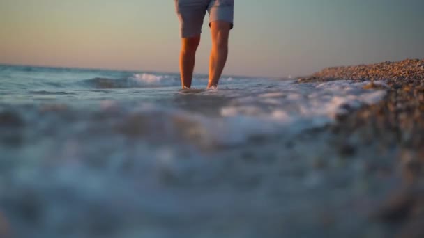 Homme Marche Lentement Long Plage Avec Des Cailloux Coucher Soleil — Video