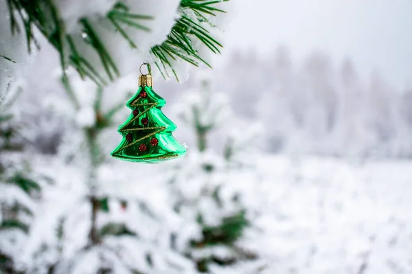 Fond Noël Avec Jouet Vert Sapin Noël Sur Une Branche — Photo