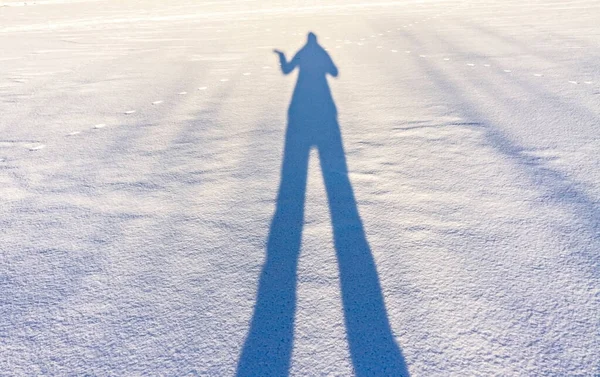 Женская Тень Длинными Ногами Поднятой Рукой Свежем Снегу Зимний Солнечный — стоковое фото
