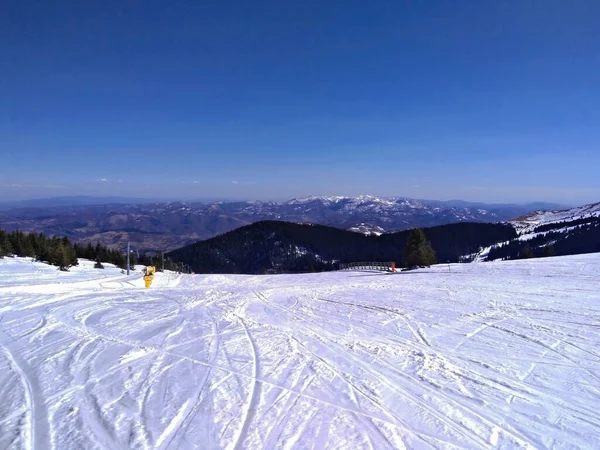 位于塞尔维亚Kopaonik的Ski斜坡 在蓝天的映衬下俯瞰群山和冷杉林 雪坡上有滑雪道 冬季山景 复制空间 自然背景 — 图库照片