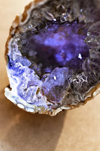 Druse amethyst close up. Purple crystals of amethyst stone, mineralogy, quartz, gem stone, Semi precious gem, selective focus