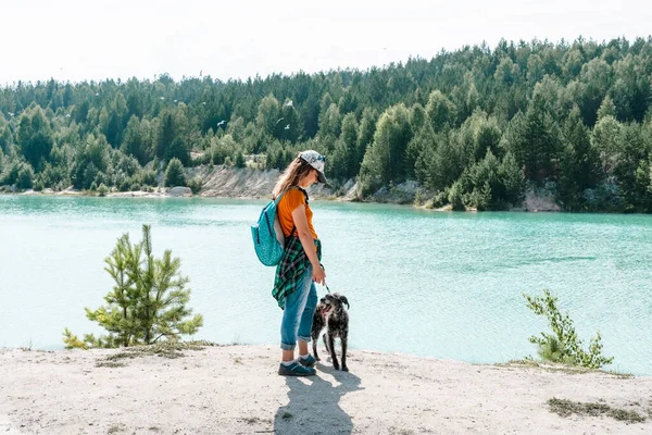 带着背包带着毛茸茸的灰狗走在蓝湖或河流的沙滩上 爱抚宠物 与宠物同行 美丽的风景的年轻女旅行家背影 免版税图库照片