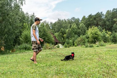 Şapkalı genç adam kırmızı koşumlu siyah kediyle yeşil çimenlerde tasmalı, dostluk evcil hayvan sevgisi ve ilgisiyle, açık havada yürüyor.