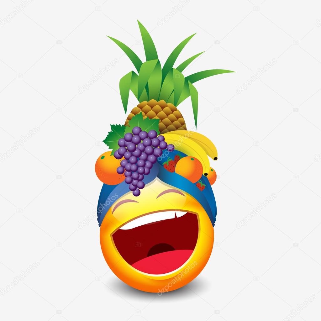 Laughing emoticon wearing fruit hat — Stock Vector © I.Petrovic 117053246