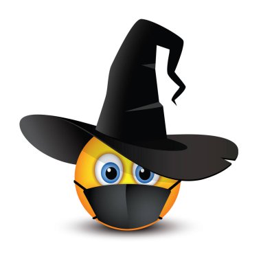 Siyah maskeli ve cadı şapkalı emojinin vektör çizimi. Cadılar Bayramı konsepti