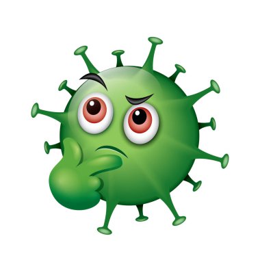 Yeşil virüs emojisinin düşünme pozisyonundaki vektör çizimi