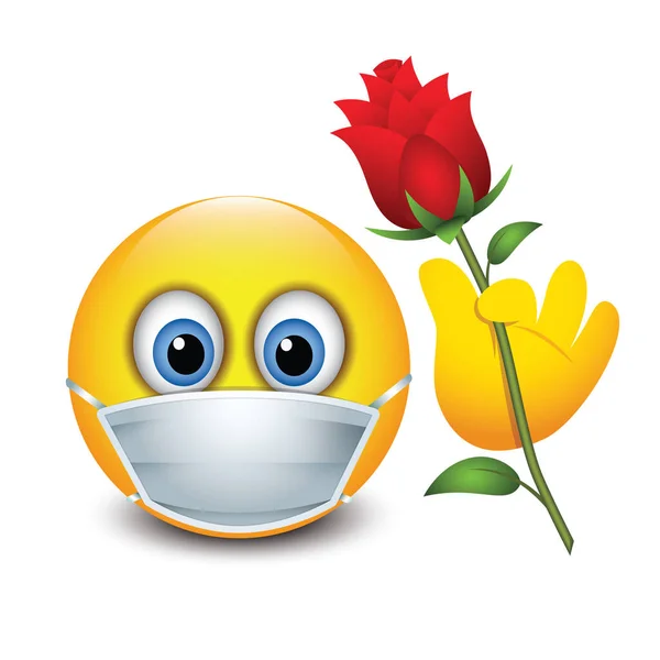 Vektorillustration Von Gelben Emojis Schutzmaske Und Roter Rose — Stockvektor