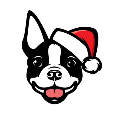 Boston Terrier 'li Noel Baba şapkalı köpeğin vektör illüstrasyonu  