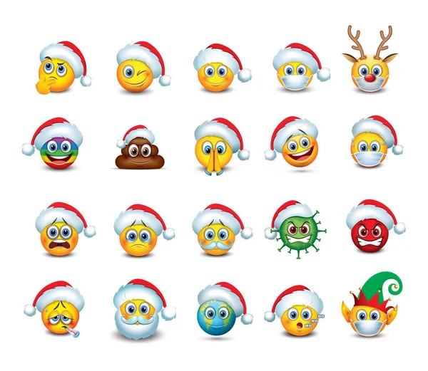 Vector Illustration Different Emoji Set Santa Hat — Stock Vector