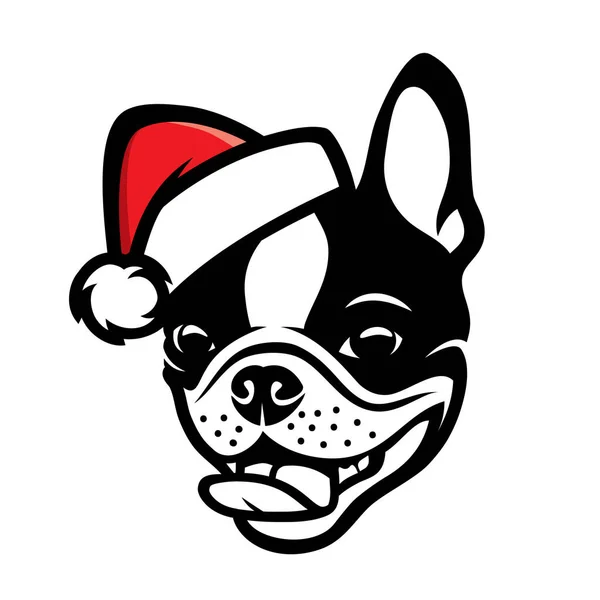 Ilustração Vetorial Cão Boston Terrier Santa Hat — Vetor de Stock