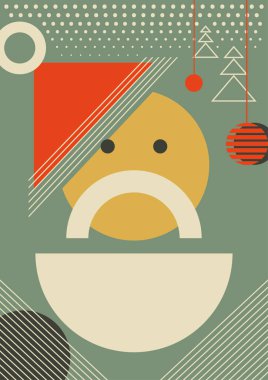 Tebrik kartları, posterler, kapaklar için uygun basit soyut Noel Baba vektör çizimi. Noel ağaçlarının düz geometrik şekilleri ve dekorasyonu