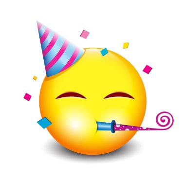 Şirin parti emojisi, doğum günü şapkası ve konfeti ile mutlu yüz - izole vektör çizimi