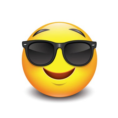 Siyah güneş gözlüğü takan sevimli gülümseme ifadesi, emoji - vektör illüstrasyonu