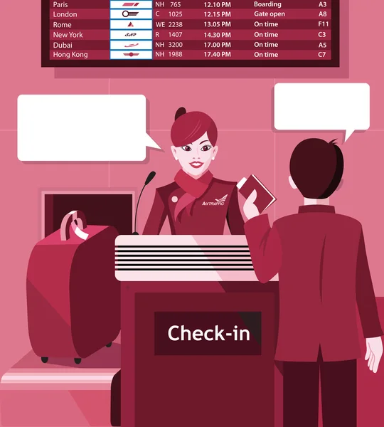 Stewardess mit dem Passagier beim Check-in — Stockvektor