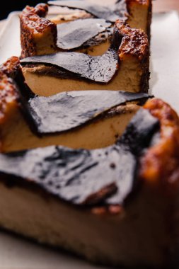 Lezzetli çikolatalı cheesecake dilimlerinin beyaz tabakta yakın plan görüntüsü. 