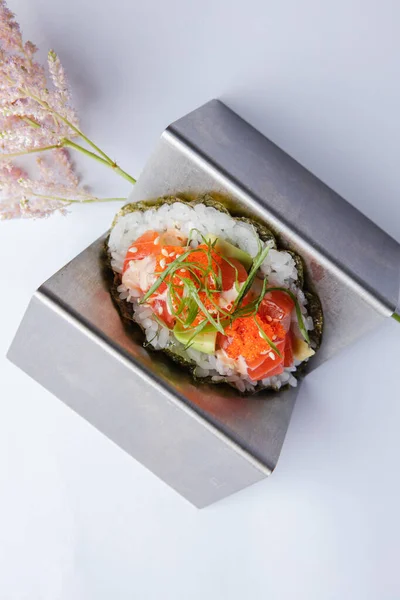 Mâncare Japoneză Taco Sushi Servit Restaurant Fotografie Înaltă Calitate — Fotografie, imagine de stoc