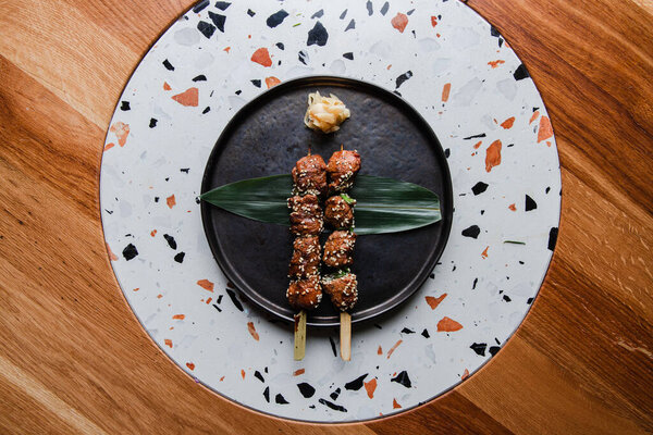 Top View Grilled Kebab Skewer Green Leaves Stock Image