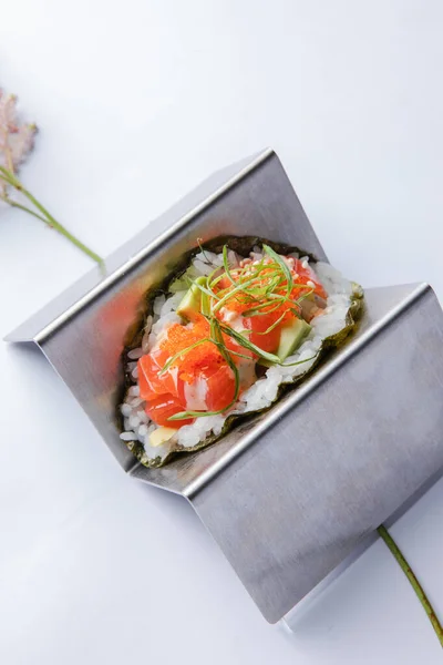 Japanisches Essen Taco Sushi Restaurant Serviert Hochwertiges Foto Stockbild
