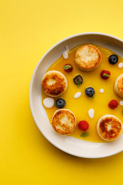 Top View Delicious Breakfast Cheese Pancakes Berries Honey White Plate Royalty Free Stock Images
