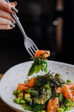 Somon dilimli taze salatanın yakın görüntüsü