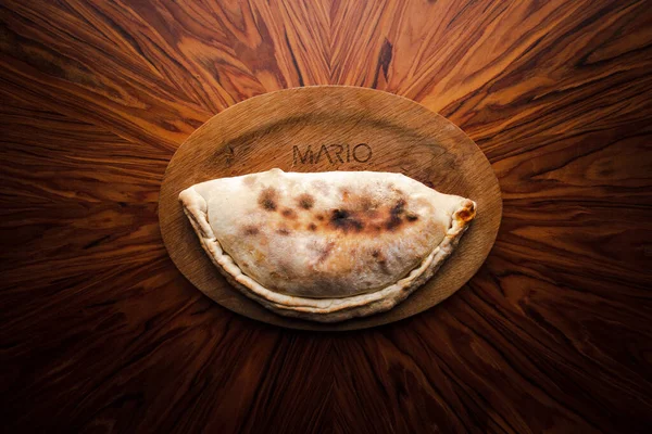 Closeup View Stuffed Pita Meat Cheese Wood Table — Stok Foto