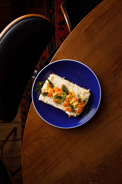 Top View Carrot Salad Mayonnaise Salmon Pieces Stock Photo
