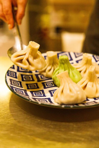Closeup View Delicious Georgian Khinkali Plate Stock Image