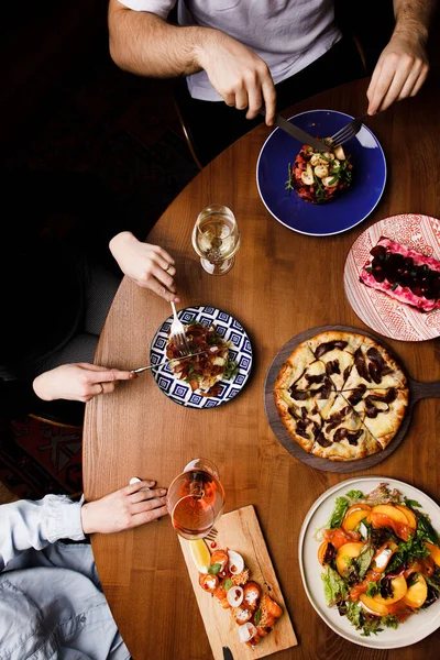 Top View Served Table Various Dishes People Dining Table Stock Picture