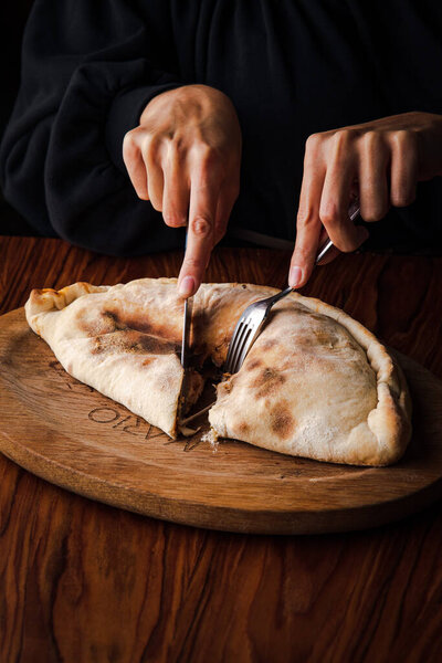Closeup View Stuffed Pita Meat Cheese Wooden Table Royalty Free Stock Photos