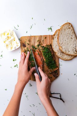 Tahtada baharat olan kırmızı balık filetosunun üst görüntüsü